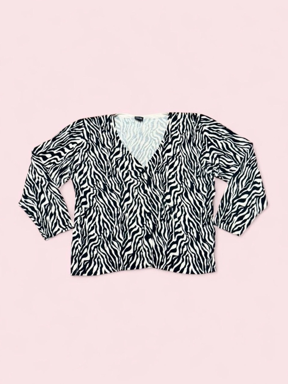 Rafaella Petite Zebra Cardigan Sweater M/L Black White Y2K Button Up 100% Cotton